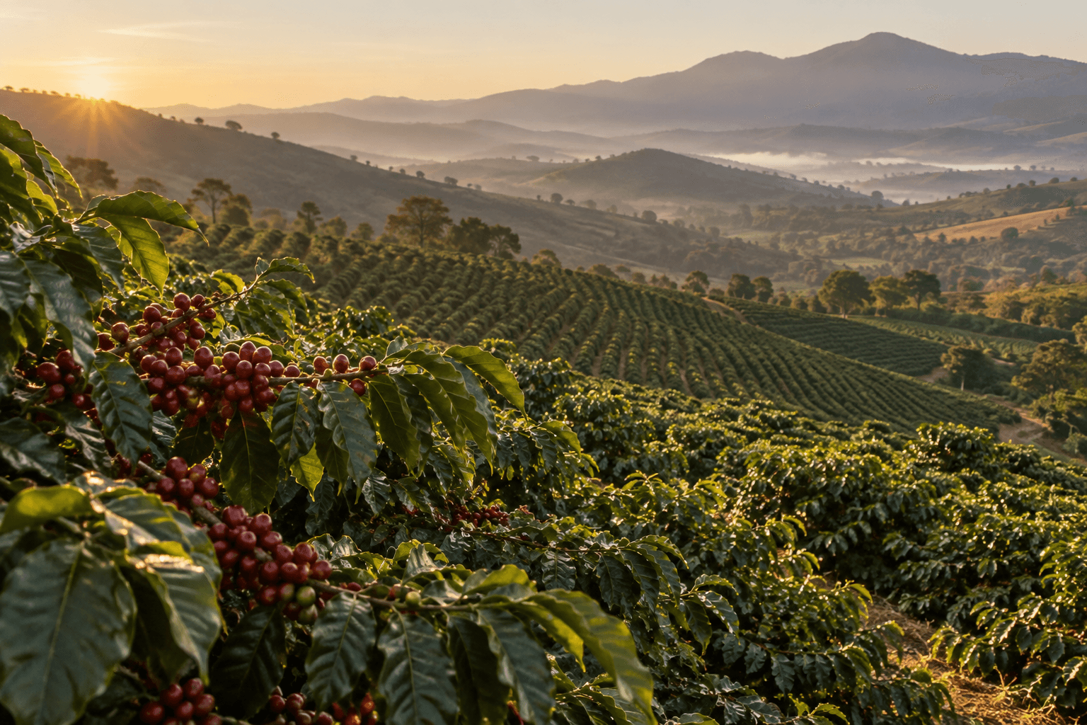 Imagem ilustrativa das montanhas e dos cafezais do Sul de Minas ao amanhecer